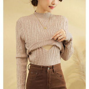 Postpartum Autumn and Winter Wear Thickened Warm Breastfeeding Sweater Hot Mom's Half-turtleneck Top for Breastfeeding Period