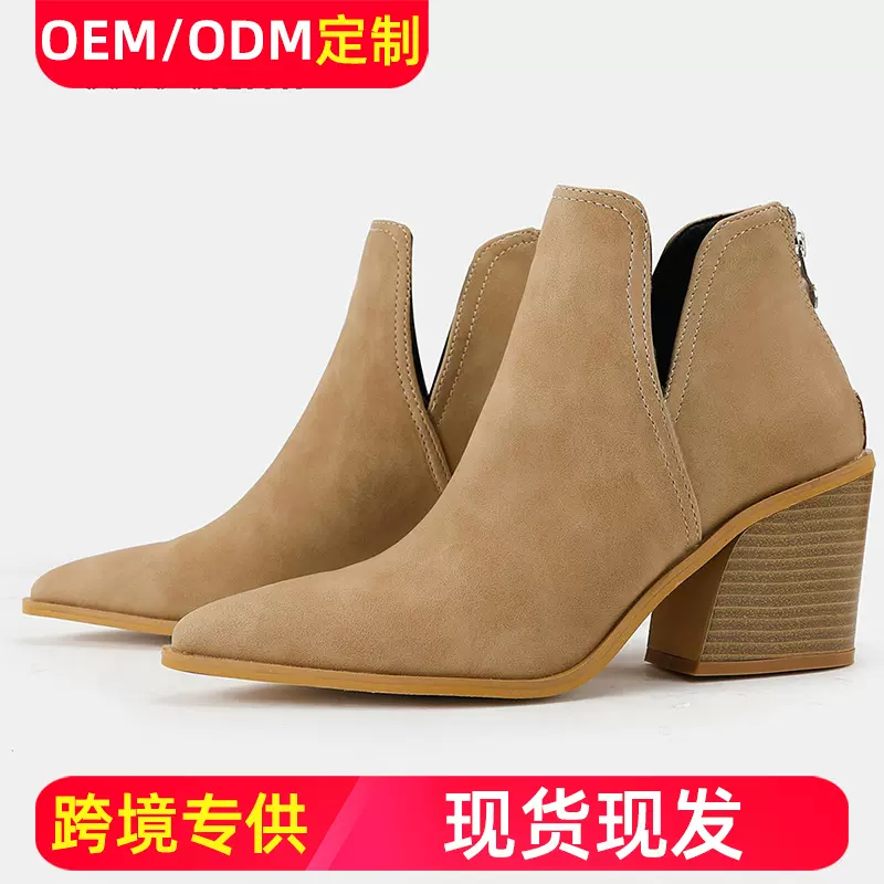 现货豹纹短靴女2025春秋季新款外贸欧美高跟马丁靴粗跟尖头及裸靴