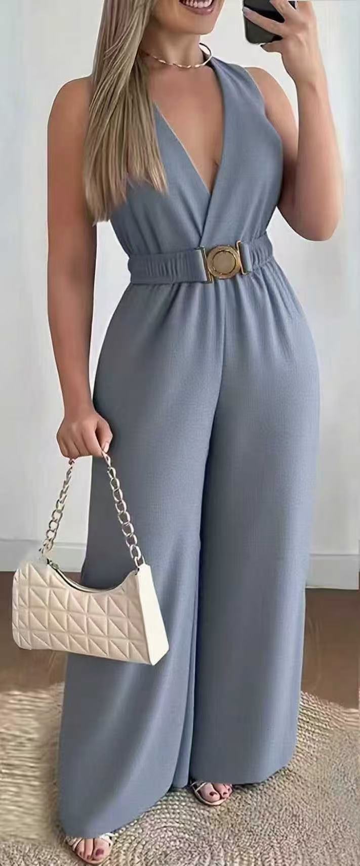 2026 primavera y verano transfronterizos explosión de cuello en V profundo sin mangas pantalones sexuales Amazon comercio exterior piernas anchas moda delgada