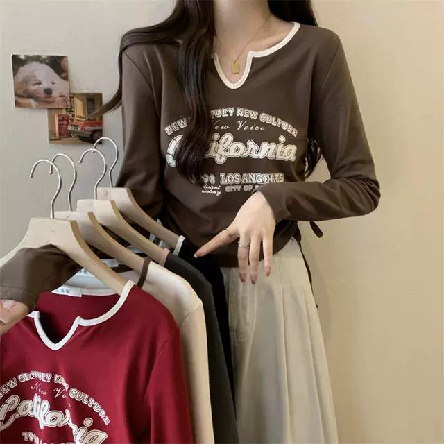 Женская футболка с длинными рукавами больших размеров, женская осень 2024, новый стиль, уменьшающий возраст, универсальный дизайн, нишевые топы с длинными рукавами