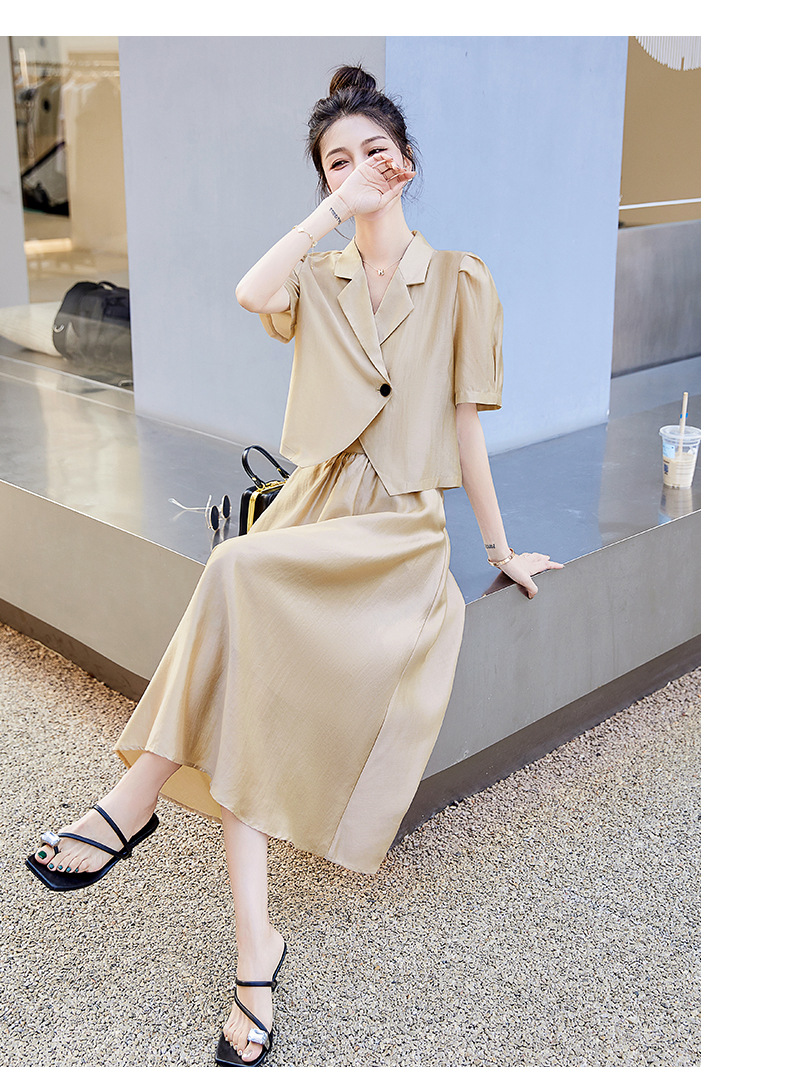 Bộ đồ Tencel nữ hai mảnh gồm áo và chân váy midi thắt eo — Màu đen, Màu xám, Màu kaki chi tiết 16