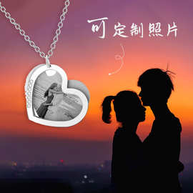 欧美不锈钢项链新款桃心带边钻组合项链彩印照片女款锁骨项链吊坠