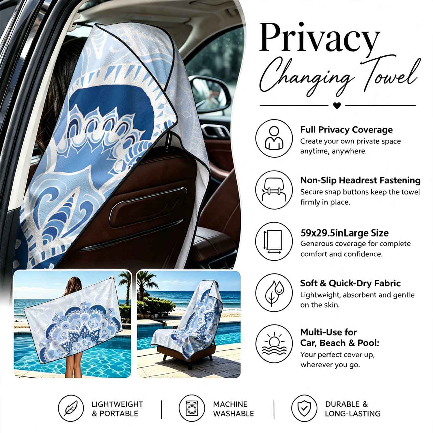 Printed bath towel and car seat cover 2-in-1, ultra-fine fiber outdoor beach and car dual-use universal seat cushion