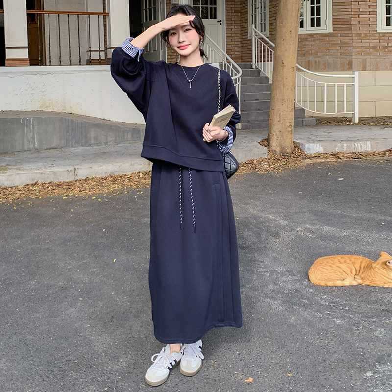 藏青色高级感休闲卫衣套装裙女2025春季韩系宽松运动半身裙两件套|undefined
