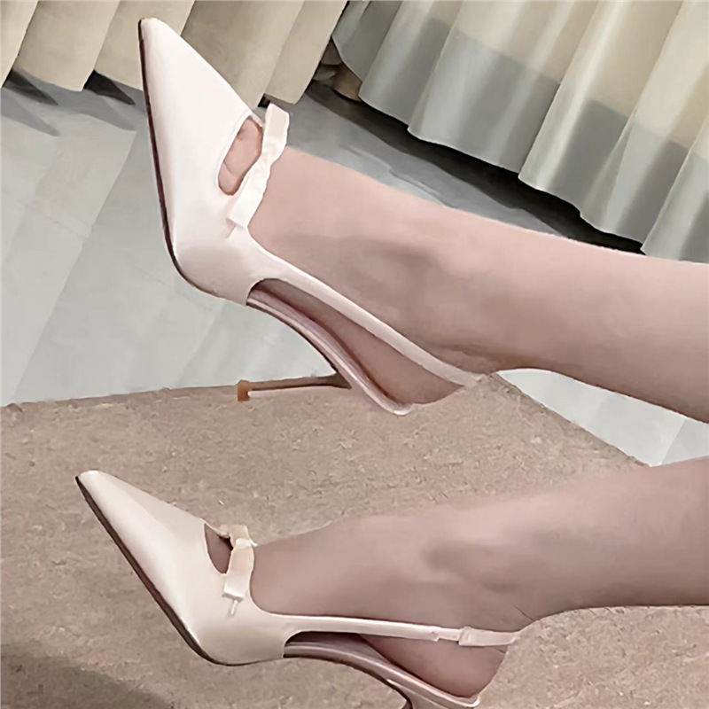 Fairy Style Shoes Cut Out Bow High Heels for Women 2025 New French Satin Pointed Toe Hollow Back Beautiful Sandals