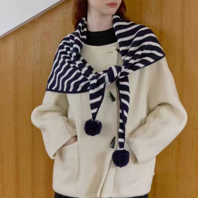Scarf for Autumn and Winter, Korean Style Striped Pom-Pom Triangle Scarf for Women, Versatile Knitted Warm Neck Scarf, Outerwear Neck Protector Shawl