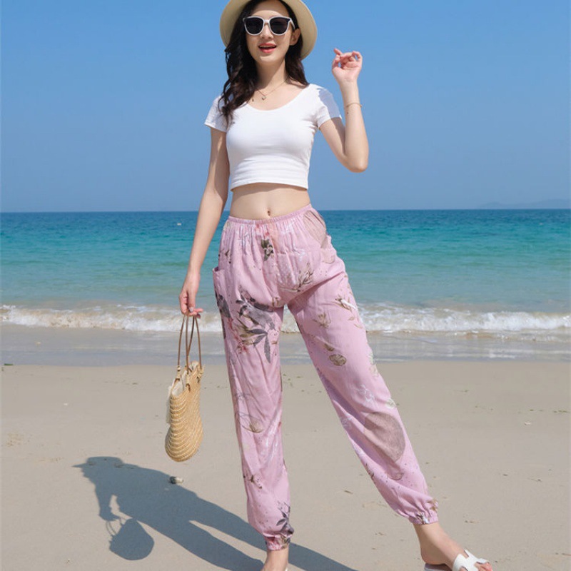 여성용 얇은 코튼 실크 캐주얼 바지 여름 느슨한 플러스 사이즈 코튼 실크 홈 바지 슬림 긴 안티 모기
