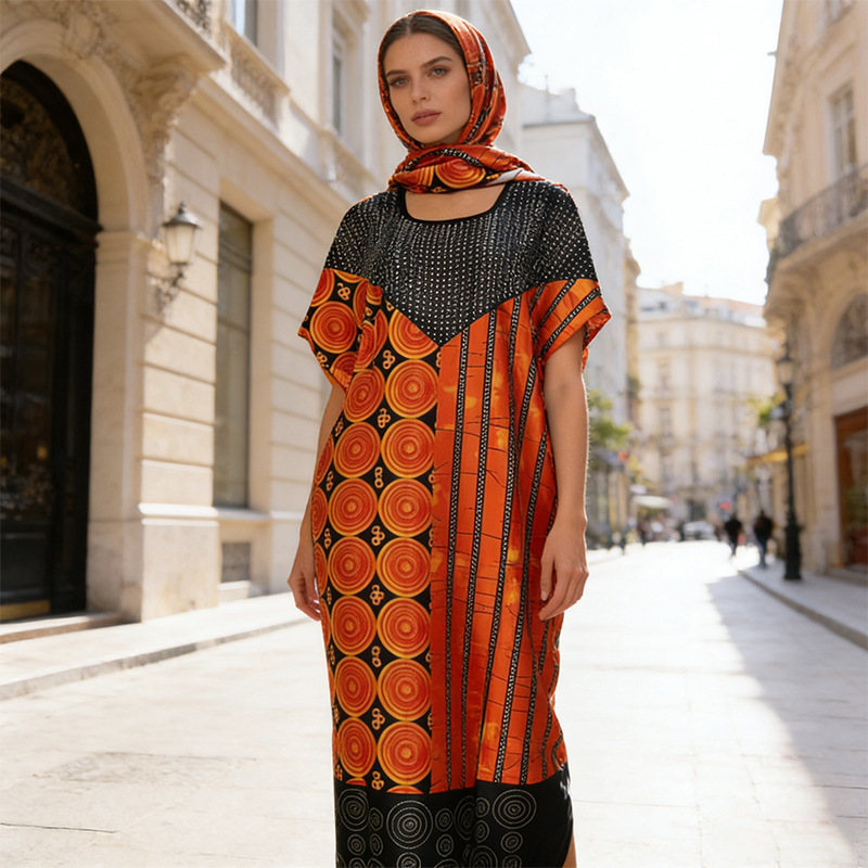 Cross-Border Supply African Plus Size Robe Women's Neckline Hot Diamond Printed Dress Aliexpress Amazon Foreign Trade