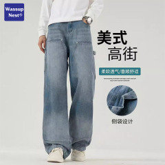 WASSUP NETS高街カジュアルジーンズ男春秋潮牌アメリカレトロゆるいストレートワイドパンツ