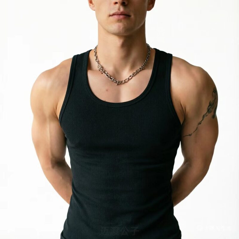 Men's Fitness Elastic Cotton Vest, Thick Ribbed 230g 2X2 American-Style Sweat-Absorbing Trendy Sporty Cool Style