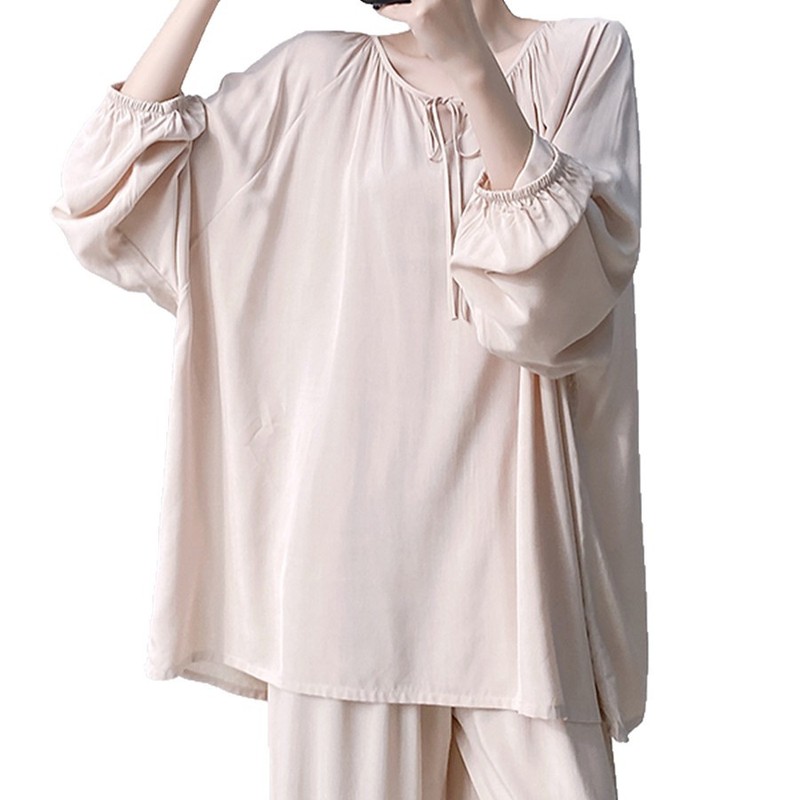 睡衣女春秋纯色长袖大码新中式夏家居服套装可外穿国风款棉绸睡衣|undefined