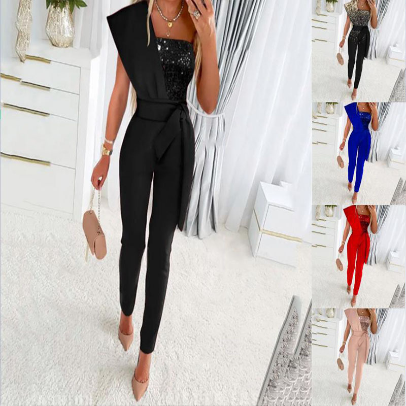 2025 Spring/Summer Short-Sleeve Hot-Selling Sequin Jumpsuit European and American New Product Belted Slim-Fit Fashionable Sexy Sleeveless Dress 2025 Spring/Summer Short-Sleeve Hot-Selling Sequin Jumpsuit European and American New Product Belted Slim-Fit Fashionable Sexy Sleeveless Dress