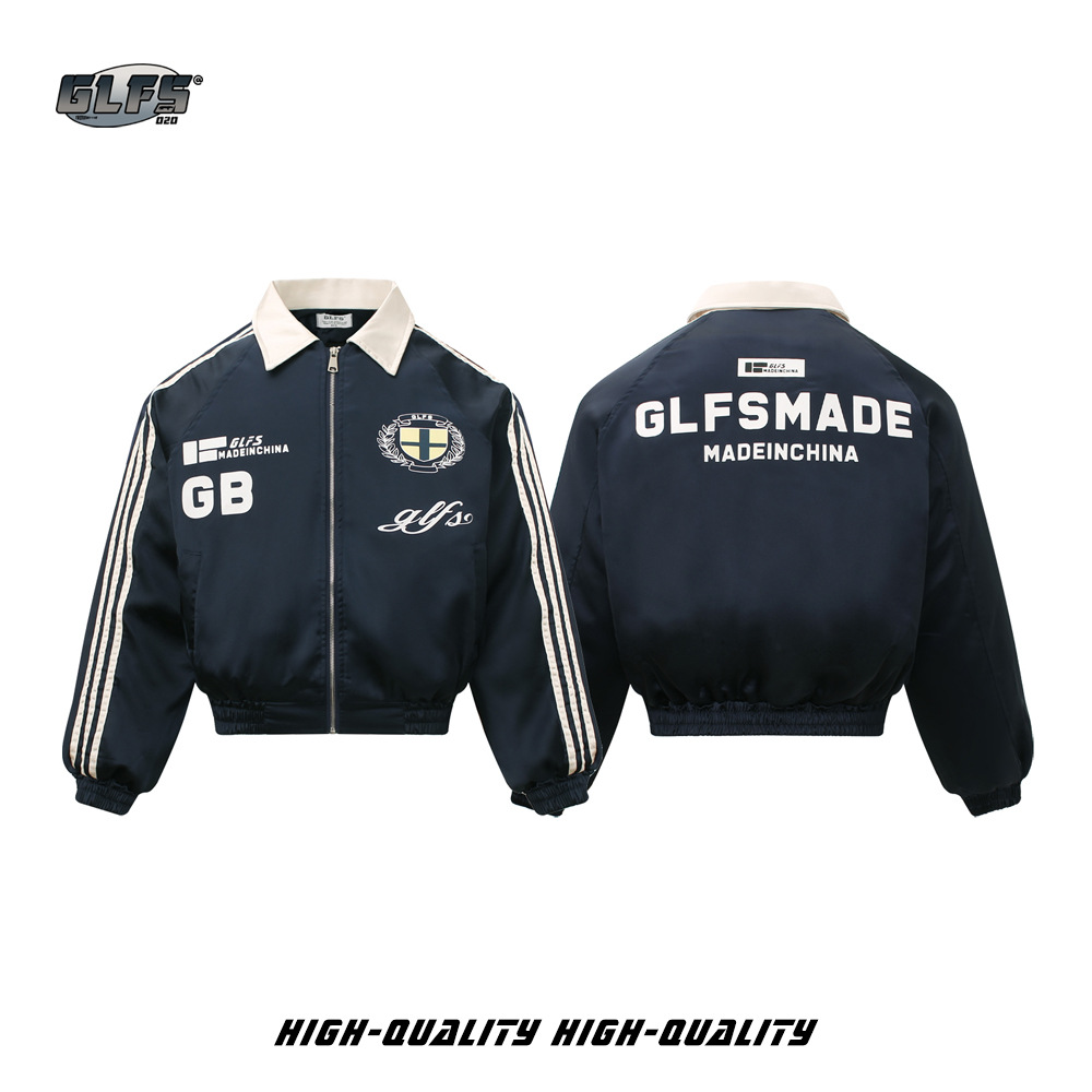 GLFS25 New American High Street Three-Stripes Color-Block Light Padded Turn-Down Collar Cotton College Style Coat Unisex_viptrois.com