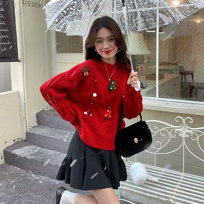 Suéter de punto holgado y versátil de estilo informal para mujer, con diseño navideño rojo, que rejuvenece, novedad de otoño e invierno de 2024