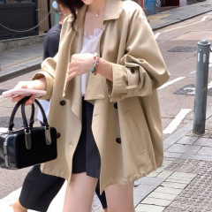 夏诗文 莱赛尔天丝棉撞色扣荡领上衣女秋廓形可调节扣袢风衣外套