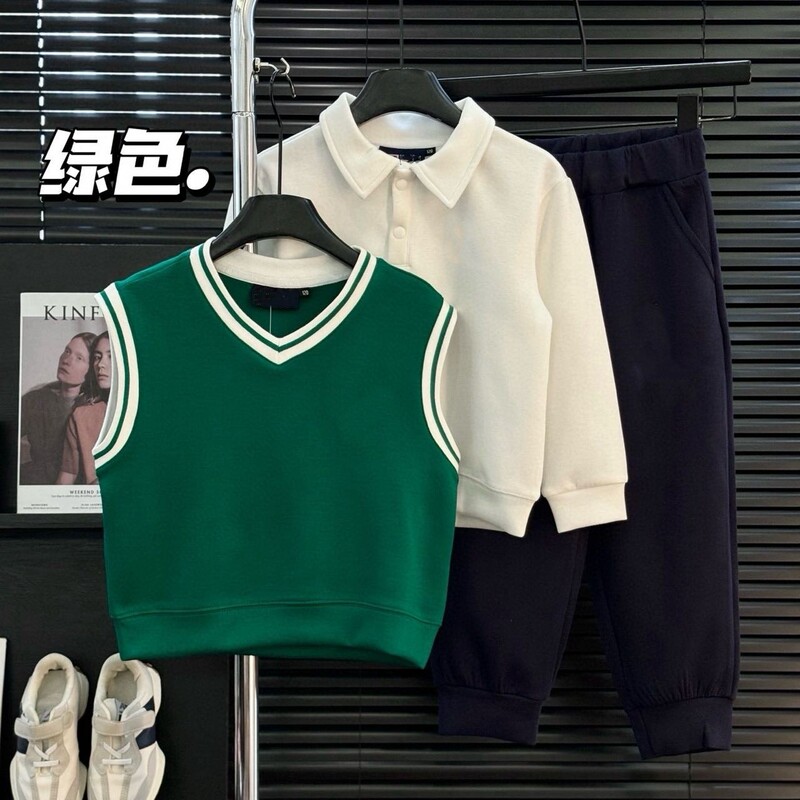 810B秋季男女童时尚简约百搭学院风飞1了马甲POLO卫裤三件套装|undefined
