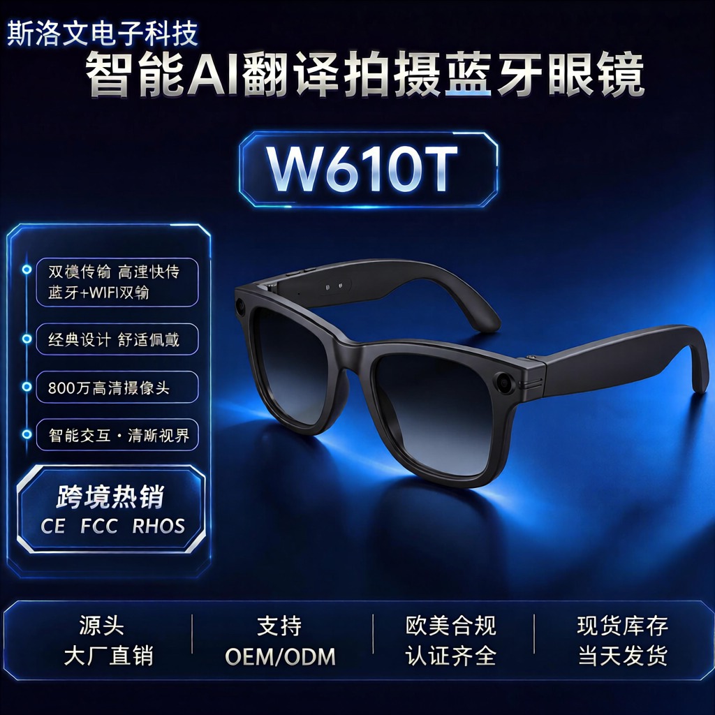 Cross-border W610T AI smart glasses with 8-megapixel camera for photo and video recording, Bluetooth, A translation function, and memory card slot
