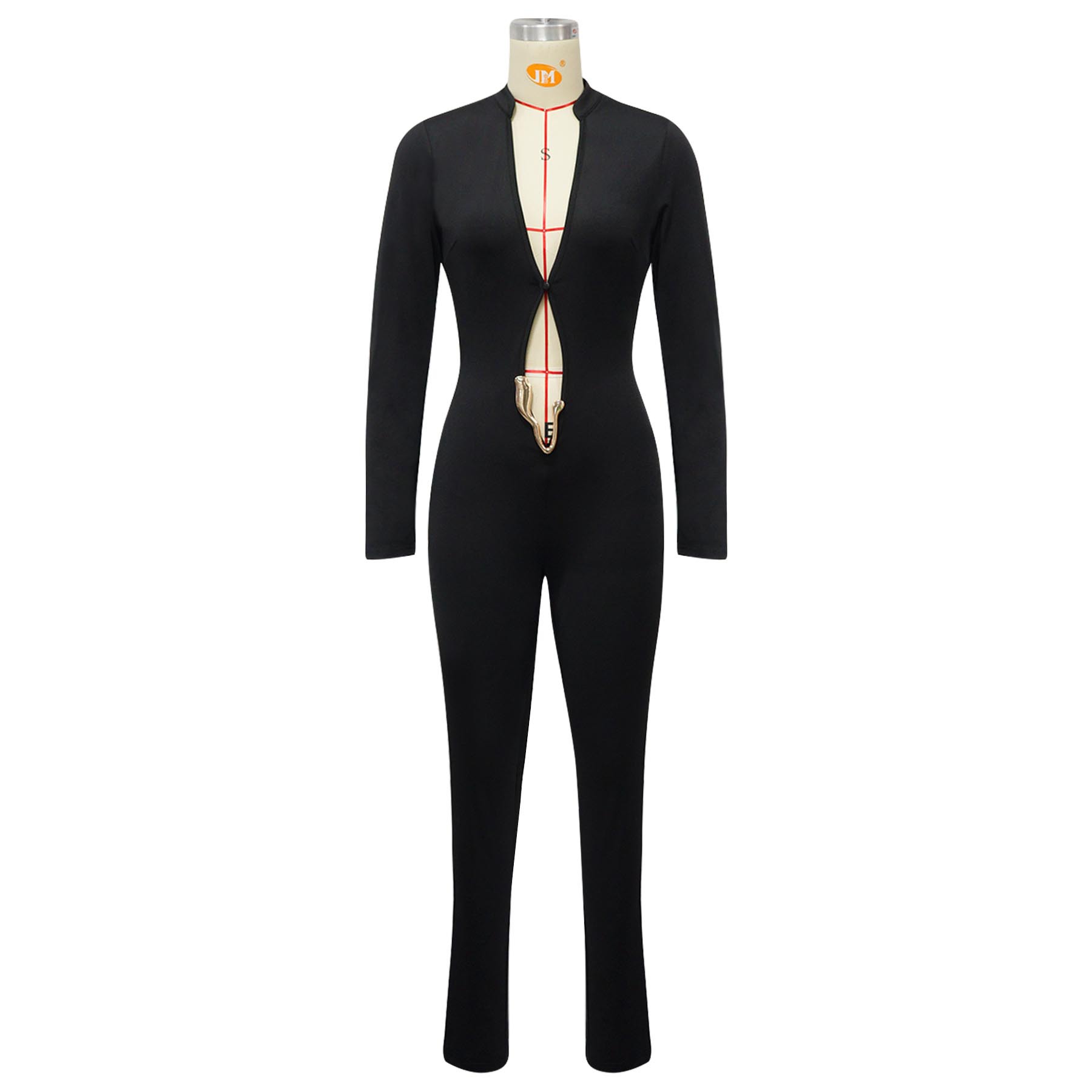 Sexy Deep V Long Sleeve Jumpsuit Solid Color Tight Fit_voghion.com