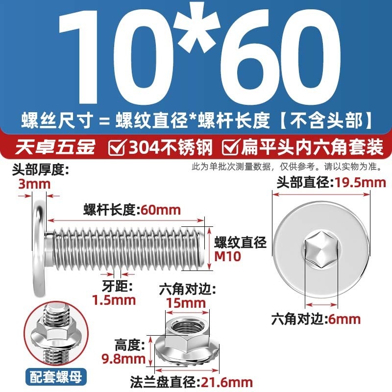 304不锈钢CM大平头超薄头C头扁平头内六角螺丝钉法兰边螺母套装M5|undefined