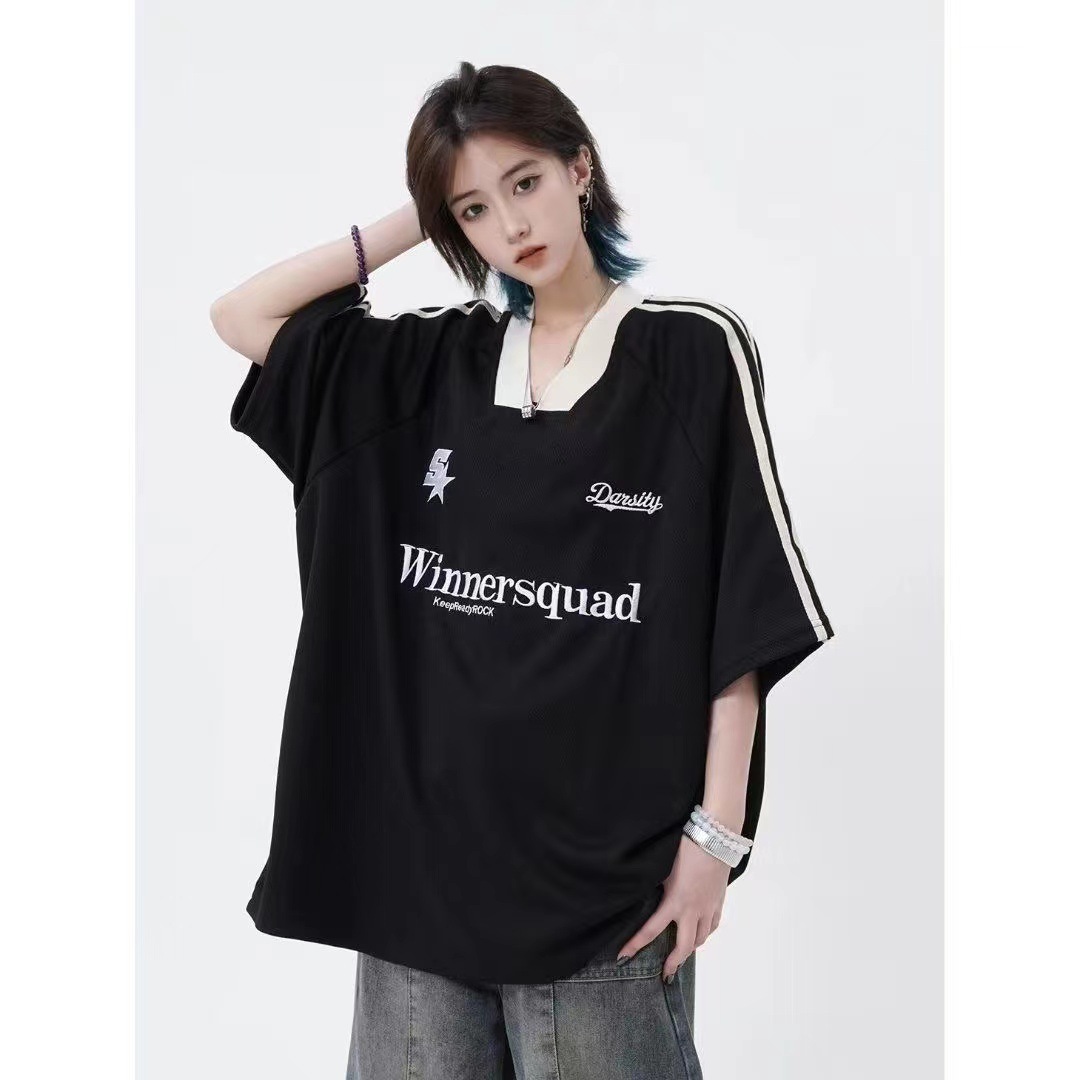 American Style High Street Vintage Embroidered Color-matching V-neck Short-sleeve T-shirt Men's and Women's Loose Casual Couple's Sports Jersey Half-sleeve Trendy