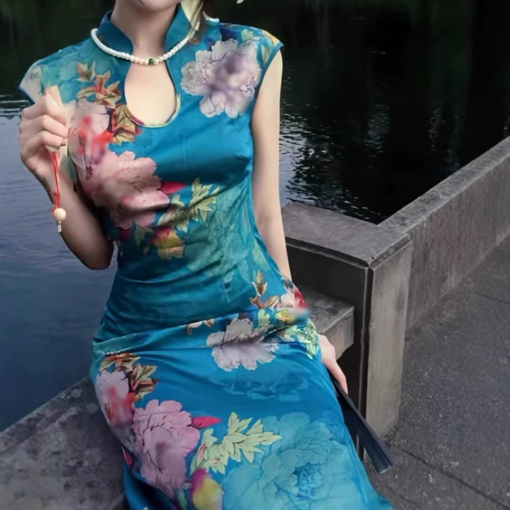 8971 # Новое сексуальное улучшенное платье Cheongsam с рукавами-ракушками в стиле шинуазри, Blue Beauty