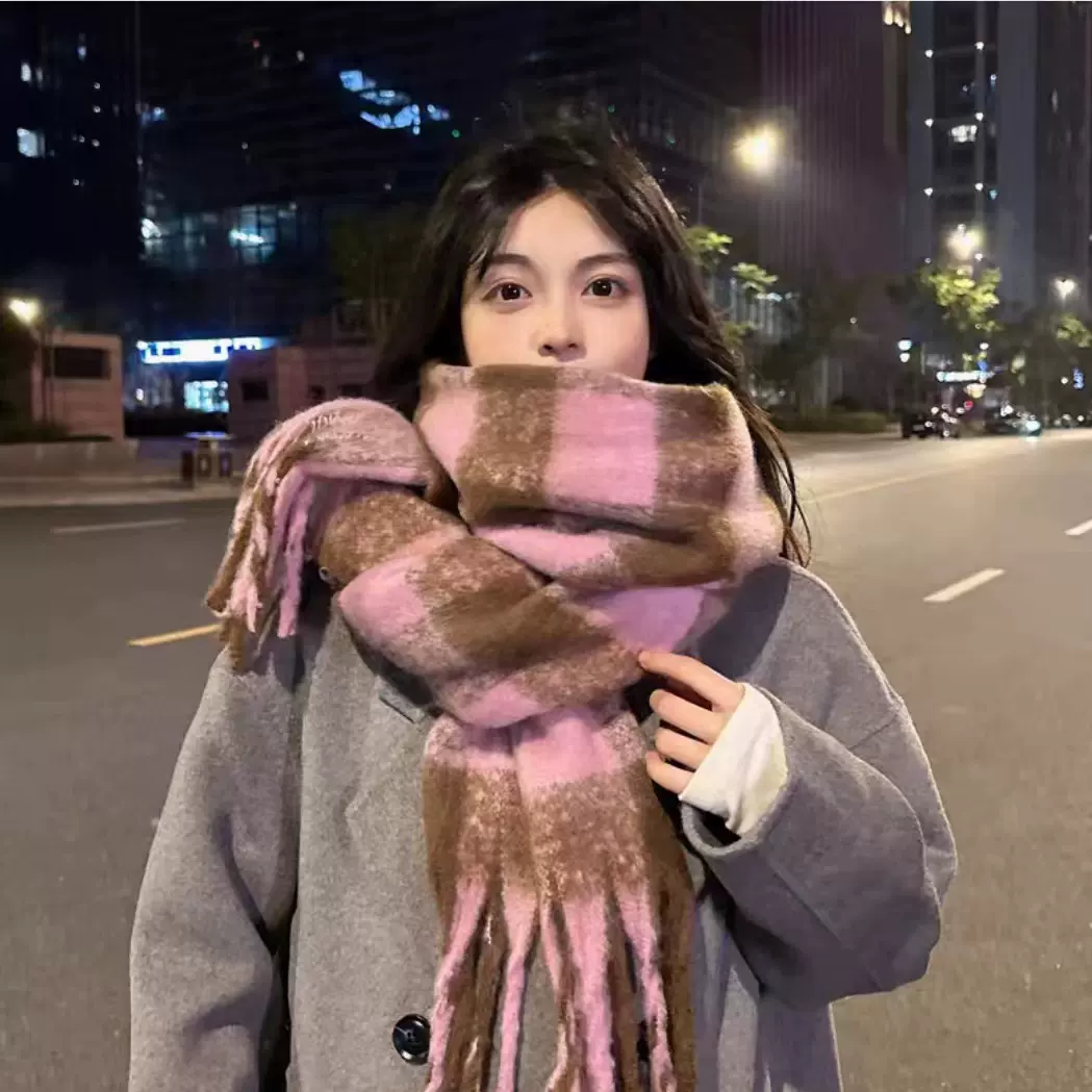 亲子款多彩海马毛格子围巾韩系时尚潮流加厚披肩防寒保暖情侣围脖