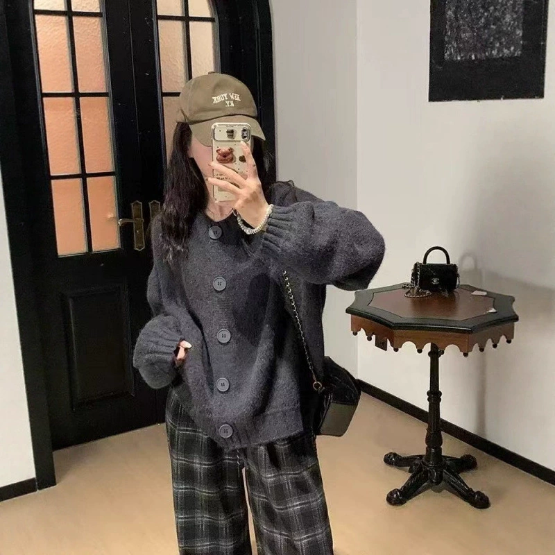 Женский вязаный кардиган KANING, однотонный, круглый вырез, свободный крой, ленивый стиль, новинка 2025 года, корейский повседневный свитер-жакет