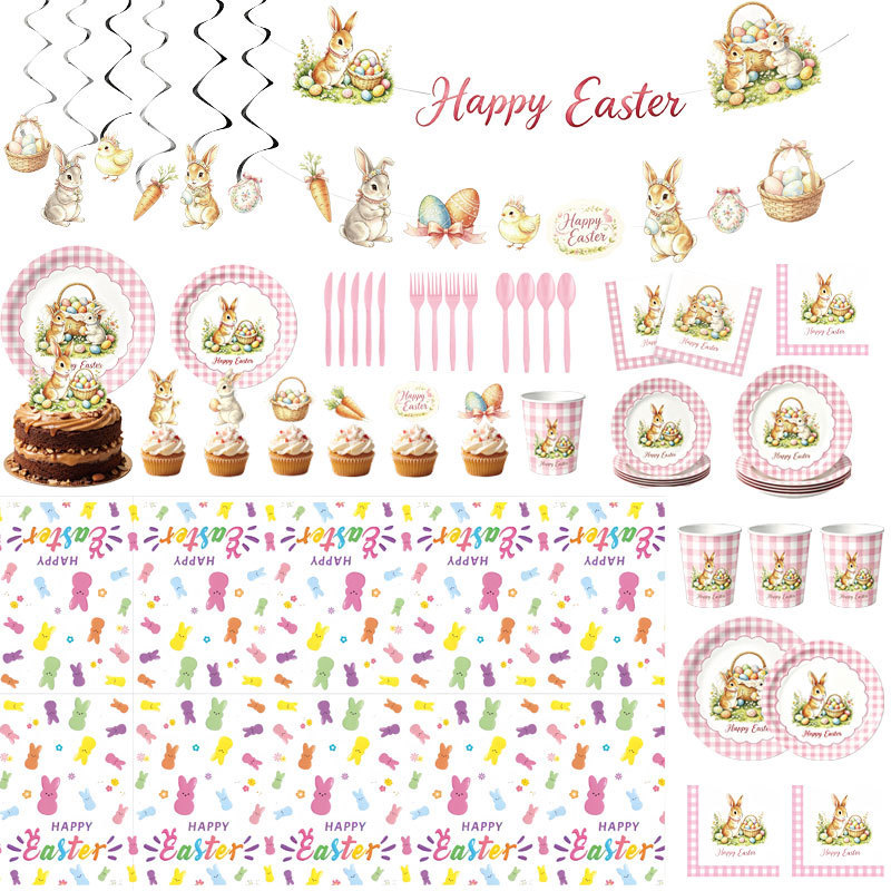 Cross-border Easter bunny-themed set with creative paper plates, decorative flags, atmosphere decorations, paper cups, cutlery, and spoon set