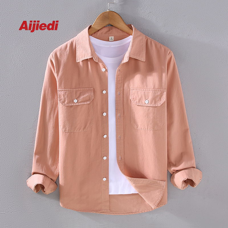 Shirt with Pocket, Long Sleeve Shirt 05 American Trendy Brand Texture Spring and Autumn Men's Twill Heavy 23 Pure Cotton Workwear