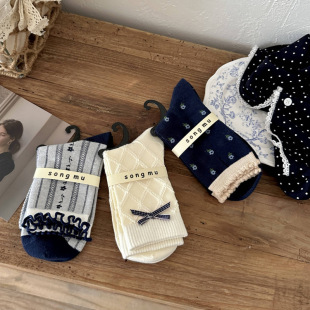 Songmu Light Retro Navy Blue Women's Socks Pure Cotton Bow Korean Socks Women's Mid-Calf Socks Korean Style Pile Socks