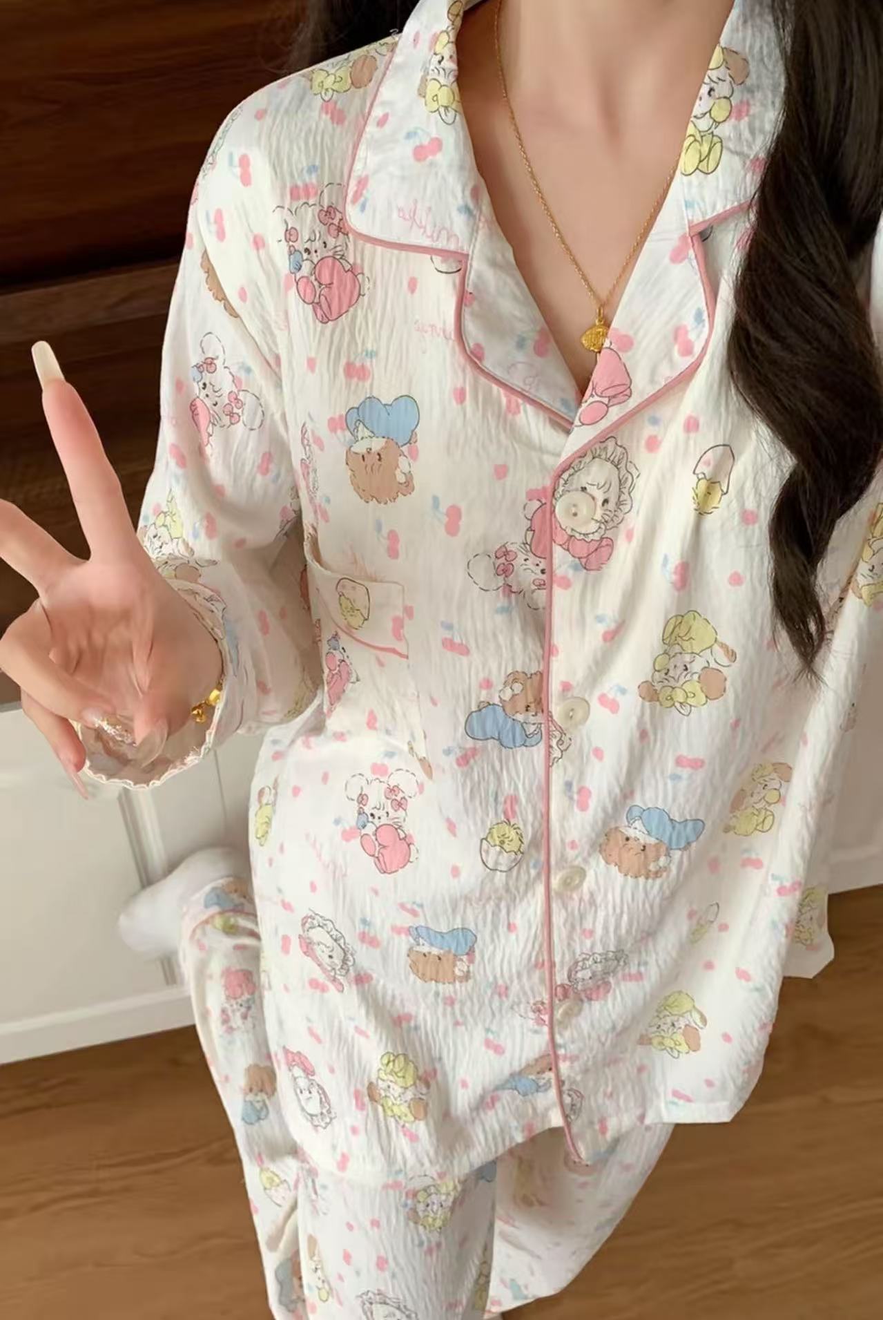 Venta al por mayor transfronteriza de algodón de nube pijamas de cachorro rizado simple japonés pantalones de manga larga de primavera y otoño para mujer