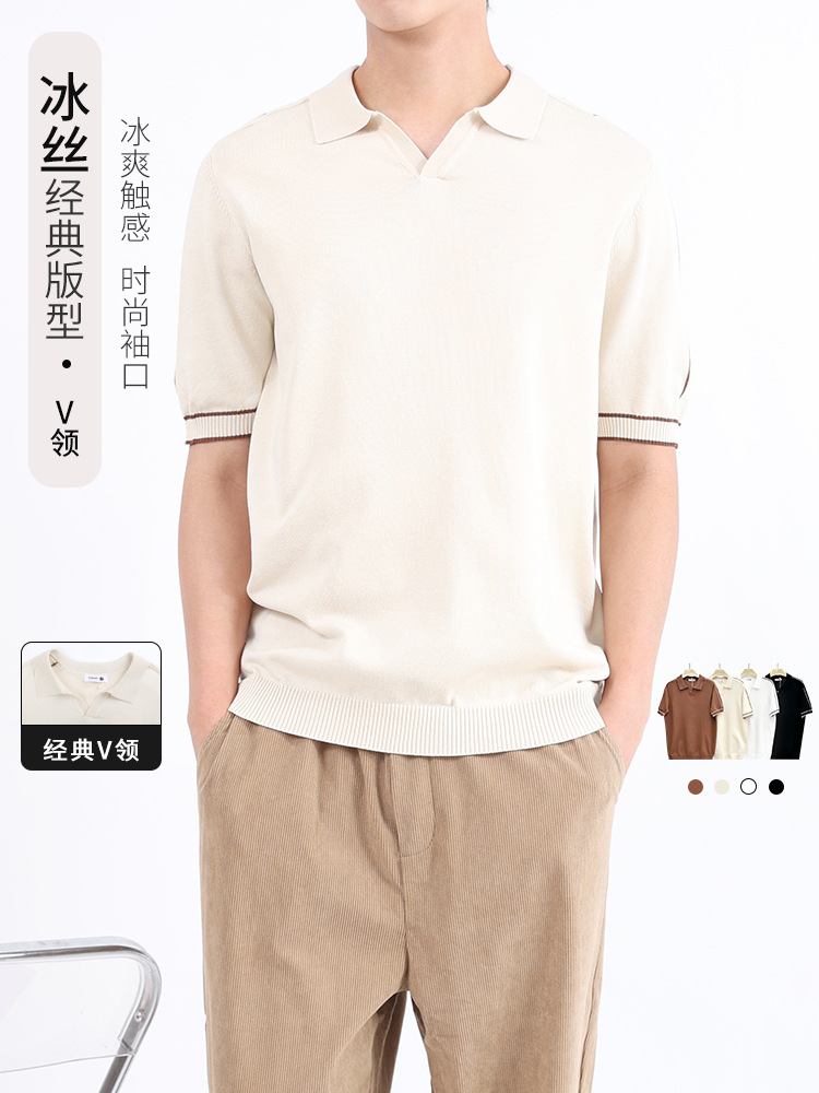 アイスポロシャツ半袖高级感夏メンズビジネスtシャツカジュアル襟折りニットtシャツメンズ