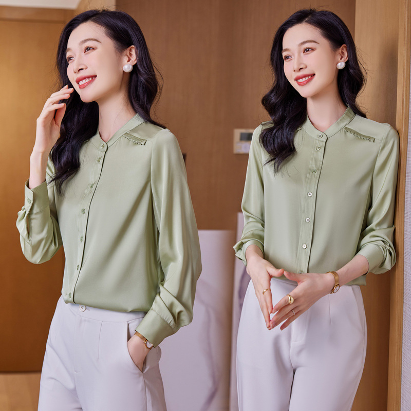 Spring elegant fashionable silk solid color shirt with a round…