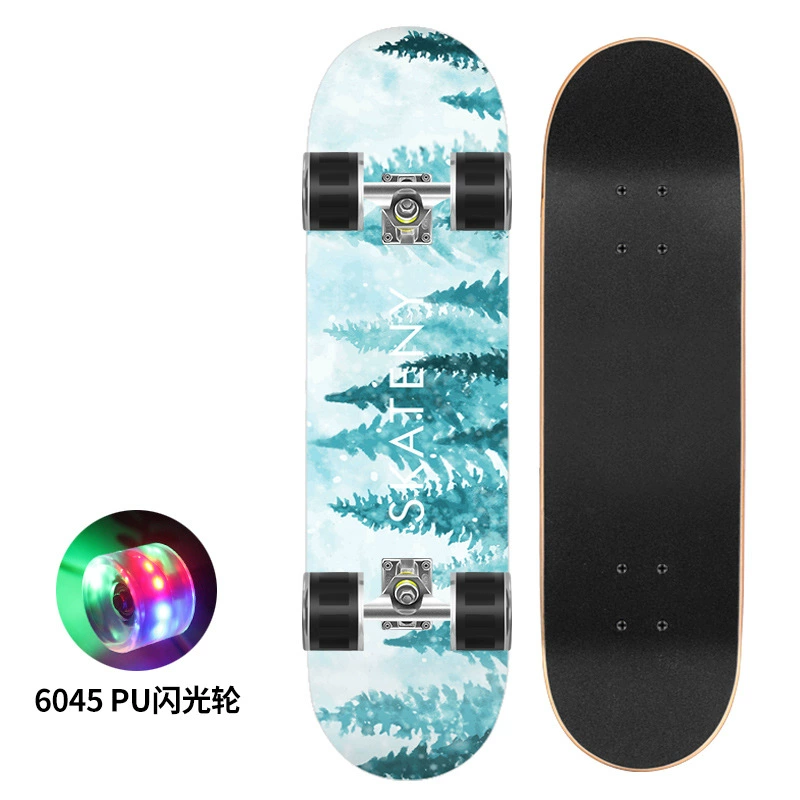Polyurethane flash skateboard, 80×20 cm, double-kick deck, 6045 PU wheels, 300 lb load