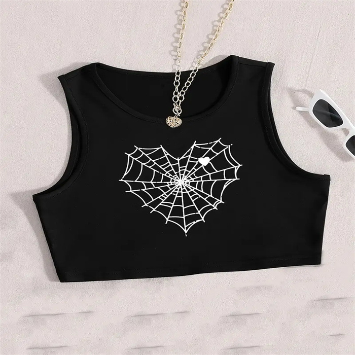 European American Style Cropped Printed Vest Sleeveless round Neck Tank Top for Women New Summer Hot Girl Look Blended Material_ecoleips.com