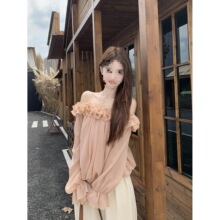 甜美法式一字肩长袖雪纺衫衬衫女秋季新款设计感立体花朵上衣