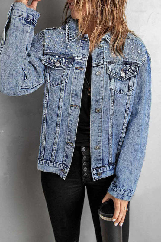 Women's Casual Embroidered Pearl Beaded Denim Jacket Denim Jacket Women's Casual Embroidered Pearl Beaded Denim Jacket Denim Jacket