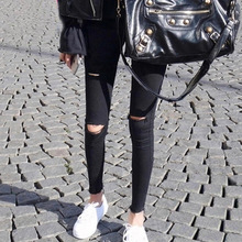 大码打底裤女外穿胖妹妹修身显瘦破洞铅笔裤小脚高腰紧身秋季长裤