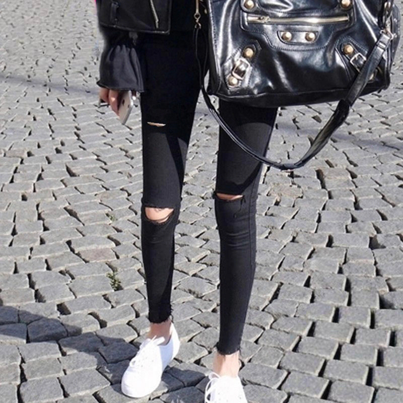 大码打底裤女外穿胖妹妹修身显瘦破洞铅笔裤小脚高腰紧身秋季长裤