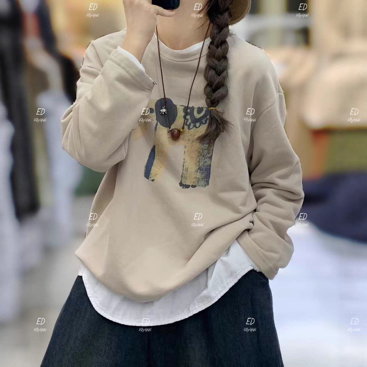 ed3439毛线圈前后印花卫衣2025秋冬新品宽松时尚圆领长袖卫衣女装