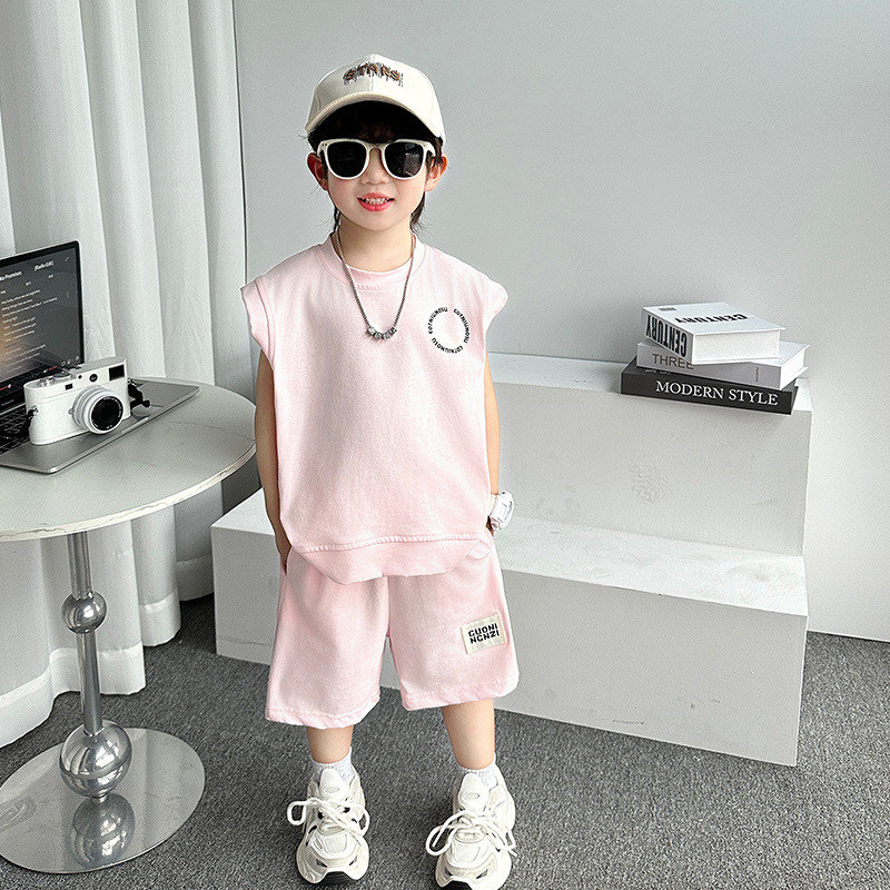 7263 Traje rosa para niños Verano 2025 Nuevos pantalones cortos sin mangas para niños Estilo de verano Deportes de dos piezas Verano