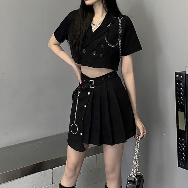 套装女新款jk制服ins暗黑炸街工装短小西装上衣外套+百褶裙两件套|undefined