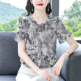 工厂直销2024夏季新款短袖上衣女时尚百搭碎花雪纺衫气质印花女装