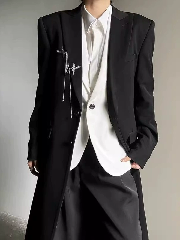 Black trench coat, long jacket, high-quality style