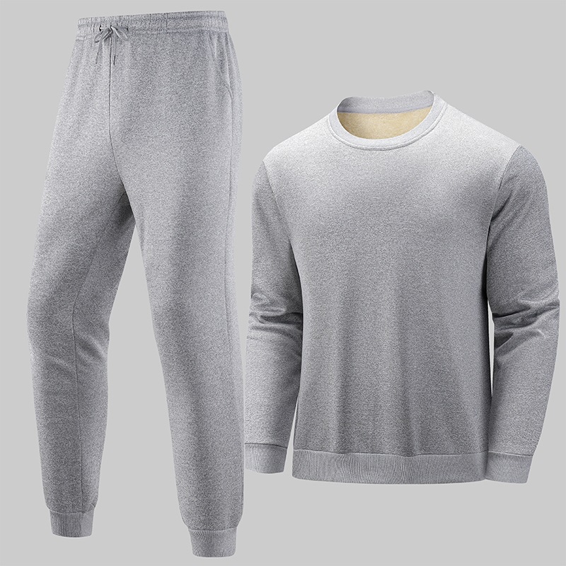 Cross-border fleece-lined sweatshirt set for men, round neck, European size, American style, thickened and warm, two-piece sportswear set with sweatpants