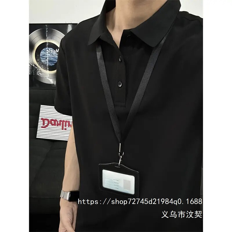 Black Straight-Shoulder American-Style Polo Shirt, Short-Sleeved, Unisex, Summer Turn-Down Collar T-Shirt, Light Mature Korean Style, Workplace Wear, Wholesale
