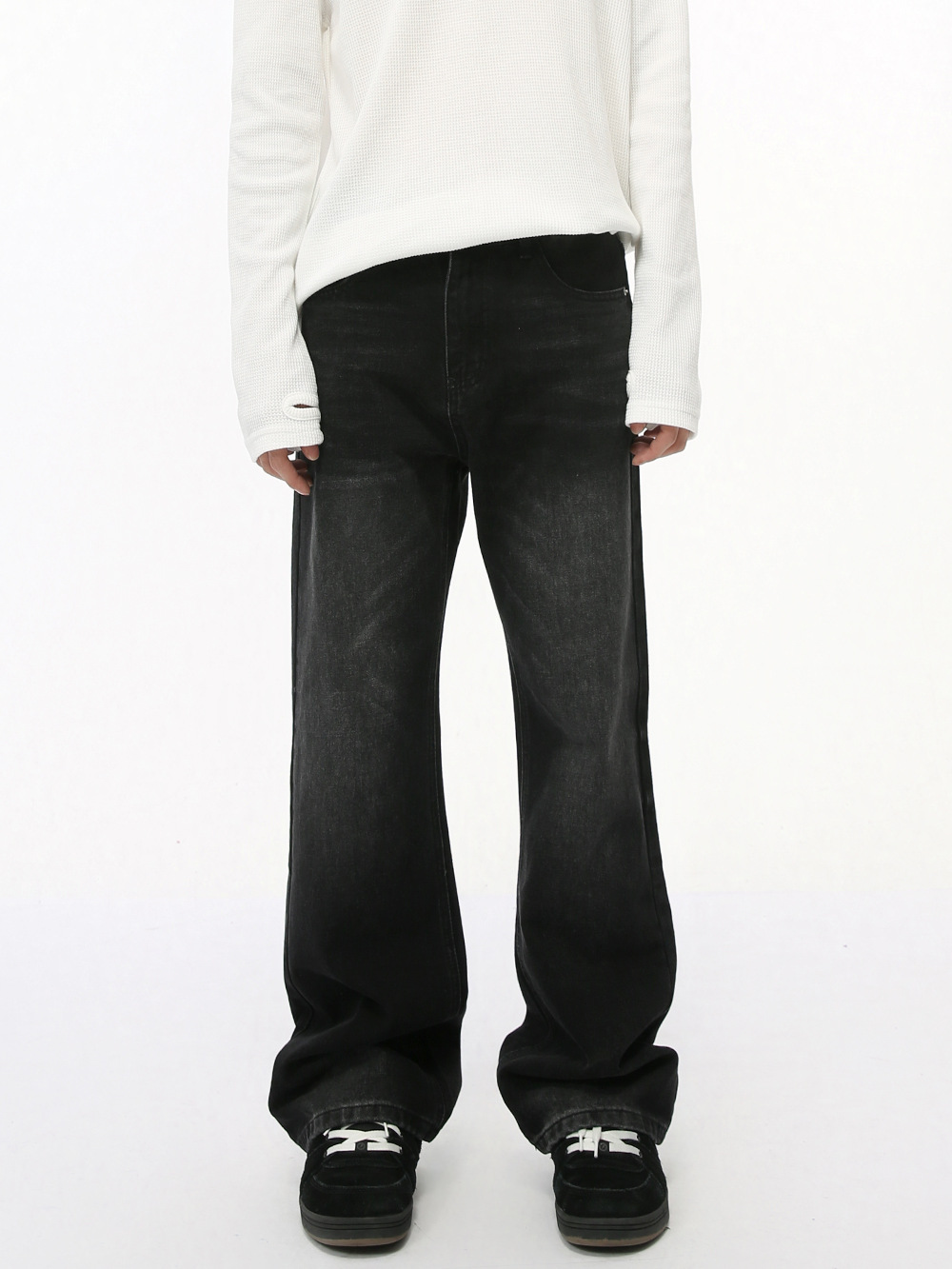 MTLCLOTHES Hombres| High Street American Vibe Retro Micro-Related Grey Negro Lavable Pantalones Jeans