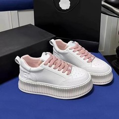 Xiaoxiangfeng 本革厚底ビスケットシューズ女性のための春ソフトプラットフォームストリートスニーカーレースアップカジュアルスポーツパンダ白靴