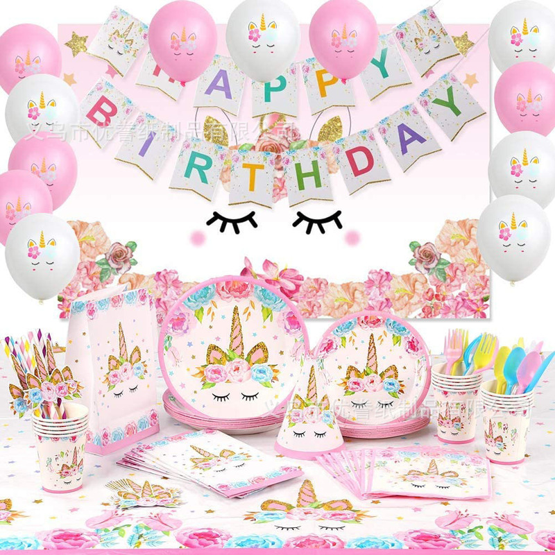 Unicorn Party suit Children's Birthday Holiday Party Tableware Disposable Paper Tray Paper Cup Paper Towel Tablecloth