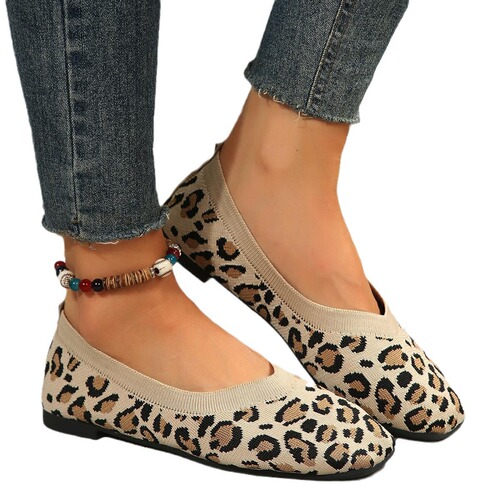 Women's Large European and American Sexy Fashion Round Head Leopard Print Single Shoes Flat Slip-on Flyknit Bean Boots Slippers
